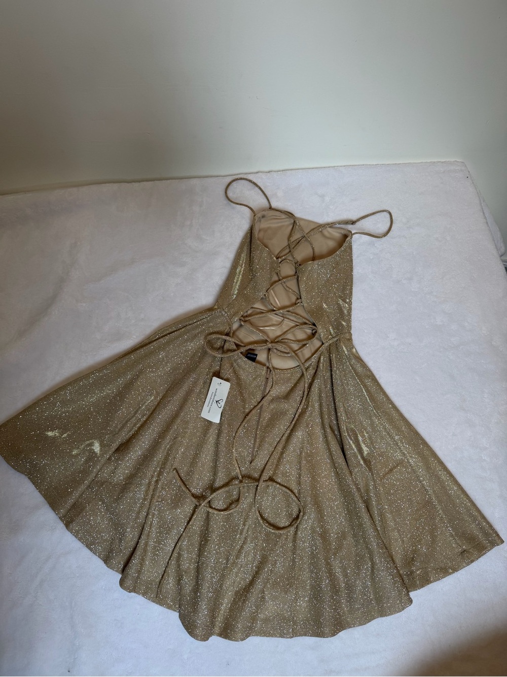 Windsor gold glitter open strappy lace up back skater mini dress - size s - Picture 4 of 10